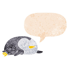 cartoon penguin and speech bubble in retro textured style