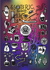Esoteric shop doodles collection. Illustration with hand drawn magic elements.