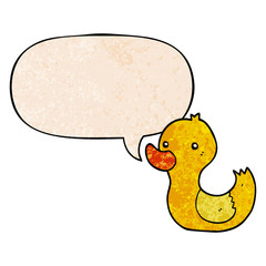 cartoon duck and speech bubble in retro texture style