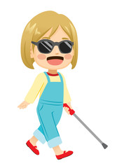 Fototapeta premium Cute little cheerful blonde blind girl walking wearing sunglasses
