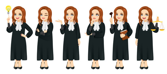 Female judge set in different poses and gestures isolated
