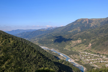 Panorama view of mountains scenes in national park Dombay, Caucasus