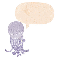 cute cartoon jellyfish and speech bubble in retro textured style