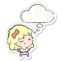 cartoon happy girl and thought bubble as a distressed worn sticker