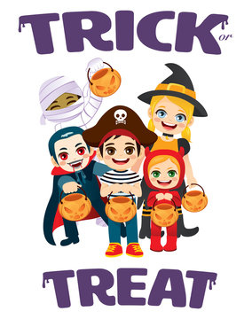 Trick or Treat kids wearing Halloween costumes and holding pumpkin bags isolated with text
