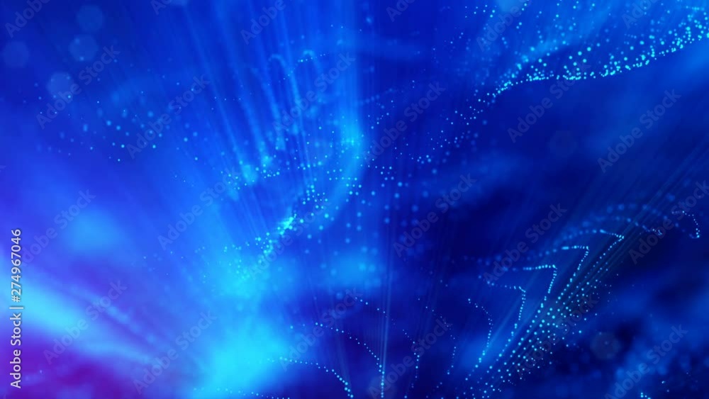Poster complex blue composition with luminous particles that form wavy structures in the air. 4k 3d looped 