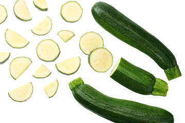 fresh green zucchini with slices isolated on white background. top view