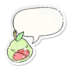 cute cartoon pear and speech bubble distressed sticker
