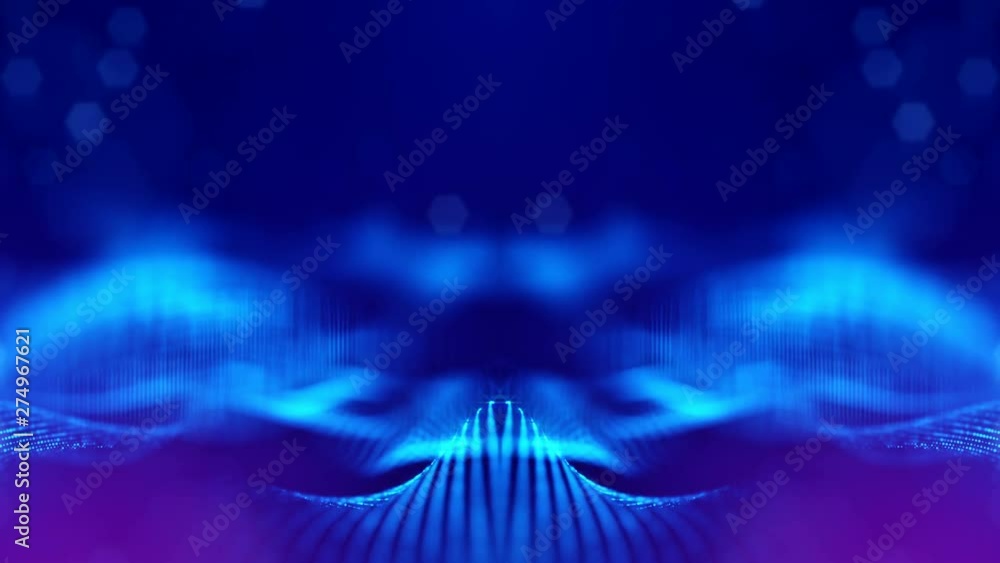 Poster complex blue composition with luminous particles that form wavy structures in the air. 4k 3d looped 