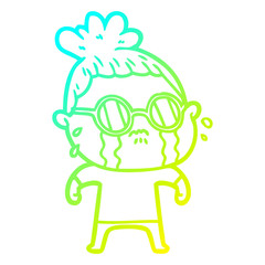 cold gradient line drawing cartoon crying woman wearing spectacles
