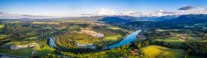 Aerial Panorama Bad Tölz, Isar Valley, Germany Bavaria. Sunset shot in June