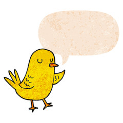 cartoon bird and speech bubble in retro textured style