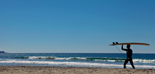 Fototapeta na wymiar Surfer walking along the beach with surfboard on his head. 