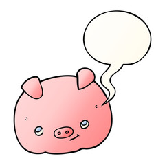 cartoon happy pig and speech bubble in smooth gradient style