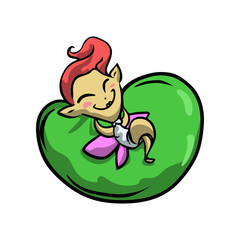 Cute happy smiling fairy with red hair stay on leaf