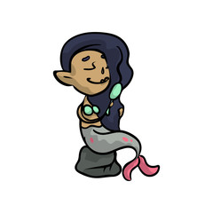 Cute black mermaid with long hair and green swimwear