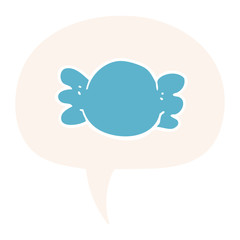 cartoon wrapped candy and speech bubble in retro style
