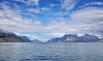 Landscape Greenland, beautiful Nuuk fjord, ocean with mountains background