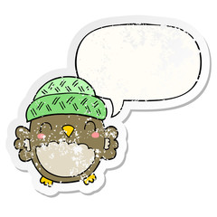 cute cartoon owl in hat and speech bubble distressed sticker