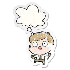 cartoon man hunting vampires and thought bubble as a distressed worn sticker