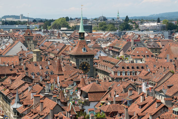 Obraz premium Aerial panorama of historic Bern city center from Bern Minster, Switzerland