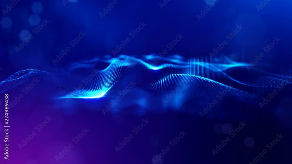 Poster complex blue composition with luminous particles that form wavy structures in the air. 4k 3d looped 