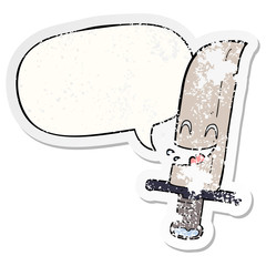 cartoon laughing knife and speech bubble distressed sticker