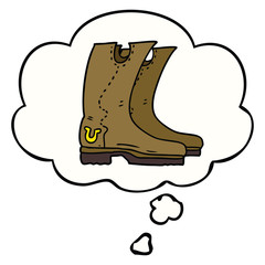 cartoon cowboy boots and thought bubble