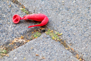 Zerplatzte rote Wasserbombe liegt nach der Wasserschlacht auf einem Spielplatz bei heißem Sommerwetter auf dem Boden und zeigt Abkühlung bei heißem Wetter