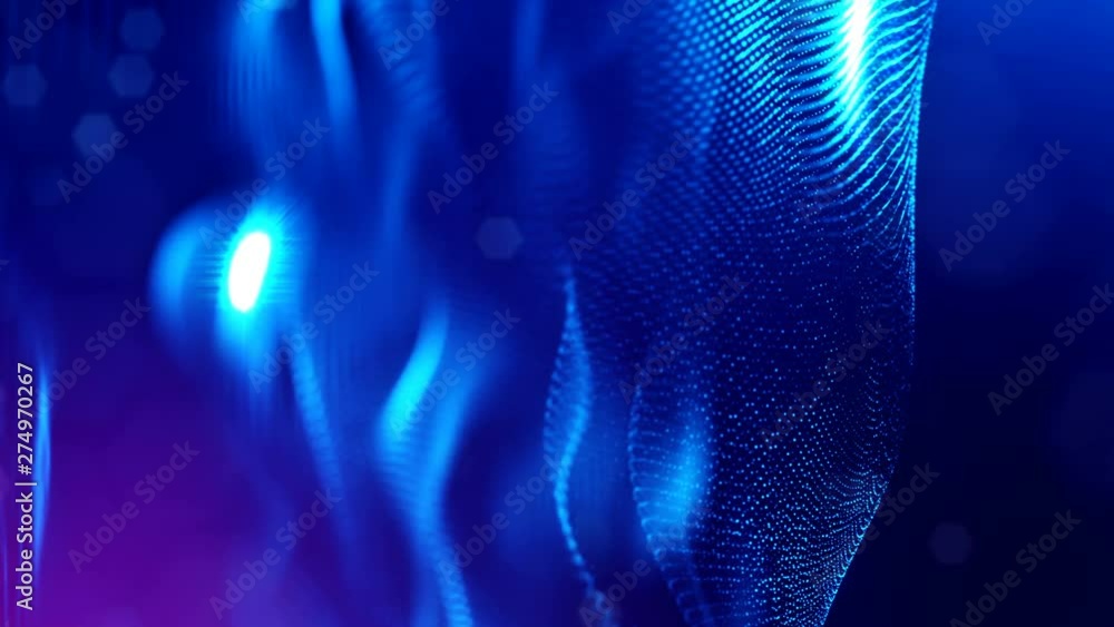 Poster complex blue composition with luminous particles that form wavy structures in the air. 4k 3d looped 