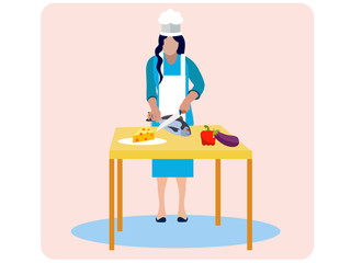 Woman cooks food, isolated on pink background. In minimalist style. Cartoon flat vector