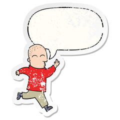 cartoon man running and speech bubble distressed sticker