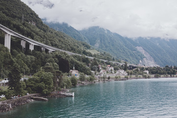 View on lake Zeneva and mountains, city Montreux, Switzerland, Europe