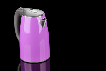 Purple isolated stainless steel kettle on the black mirror background with copy space