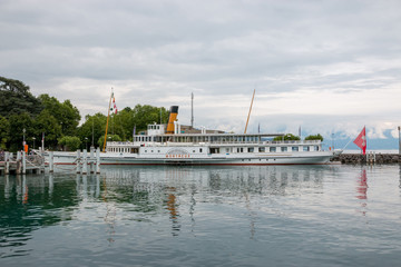 View on lake Zeneva and ship, city Montreux, Switzerland, Europe