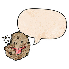 cartoon cookie and speech bubble in retro texture style