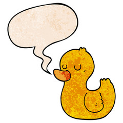cartoon duck and speech bubble in retro texture style