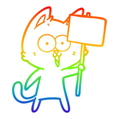 rainbow gradient line drawing funny cartoon cat with sign