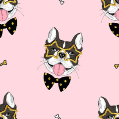 Cute dog wearing bow tie hand drawn vector seamless pattern. Trendy art pastel texture. Bulldog on bright pink background. Girlish, fashion wrapping paper, wallpaper modern textile design