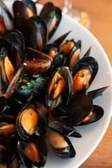 Macro close up of dish of common mussels with herbs on a wooden table
