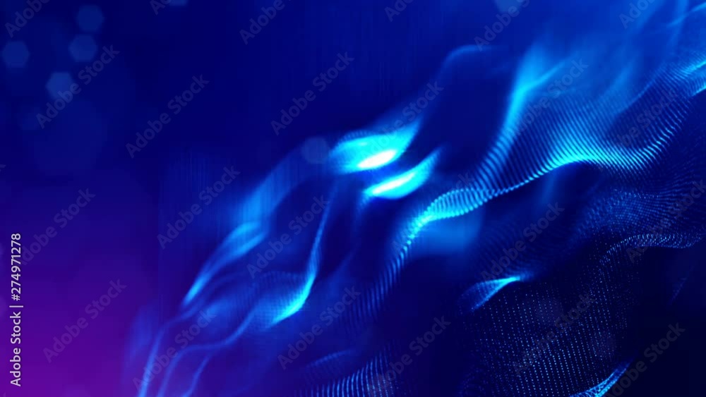Poster complex blue composition with luminous particles that form wavy structures in the air. 4k 3d looped 