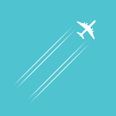 Flying plane icon isolated in blue sky with trails