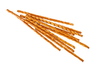 Bread sticks straws with salt on a white background. Salty snacks.