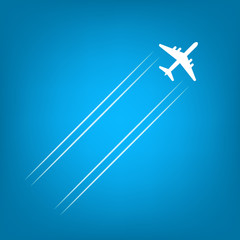 Flying plane icon isolated in blue sky with trails