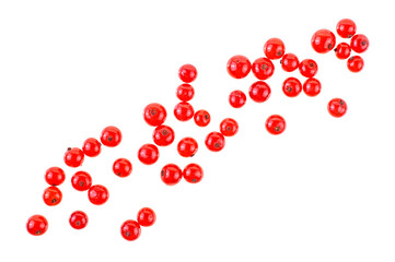 Red ripe currant berries isolated over white background, top view.