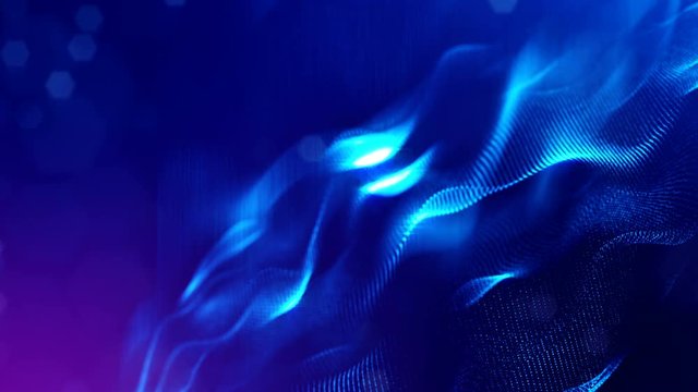 complex blue composition with luminous particles that form wavy structures in the air. 4k 3d looped smooth animation with glow paricles. sci-fi microworld or space background. 8