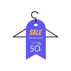 Purple tag with black hunger icon. Sale banner template design. Big sale special offer. 50% discount Special offer banner for poster, flyer, brochure, sticker. Vector illustration.