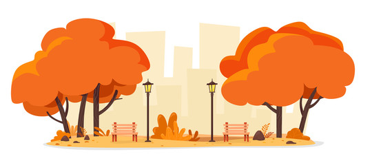 Autumn city park with benches and street lamps. Vector illustration of a flat style.