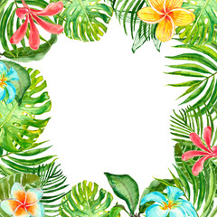 Fototapeta na wymiar Watercolor tropical plants frame with green exotic plants, leaves and flowers. Summer border design.