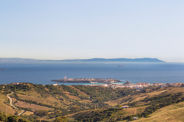 Street of Gibraltar with view from Spain on Morocco